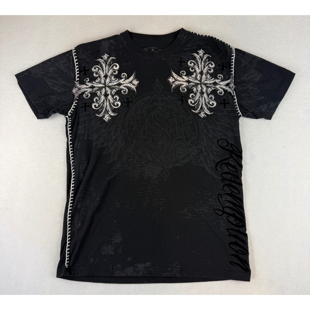 Raw State Graphic T-Shirt Mens XL Black‎ Gothic Cross Redemption Contrast Stitch